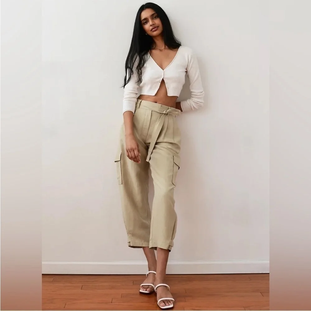 Aritzia Wilfred Kafka Belted Linen Cargo Pants High Rise Cropped